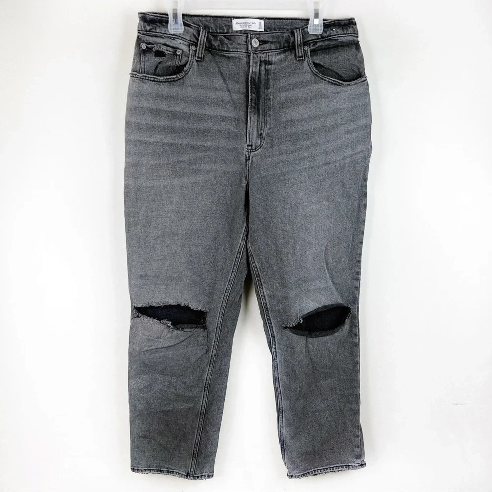 Abercrombie & Fitch Grey Ankle Straight Ultra High Rise Ripped Gray 14 Faded